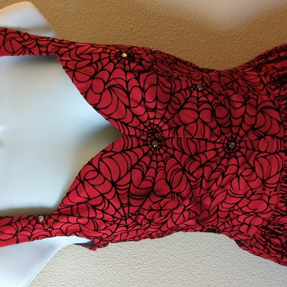 Pinup Couture Aurora Dress in Red with Flocked Black Spider Web - Picture 3 of 7